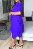 Blue Fashion Casual Solid Split Joint Asymmetrical O Neck Short Sleeve Dress