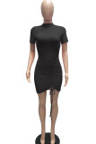 Pink Sexy Solid Patchwork Draw String Fold O Neck Pencil Skirt Dresses