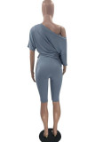 Grey Casual Solid Split Joint V Neck Short Sleeve Two Pieces