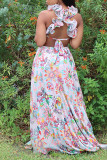 White Sweet Print Bandage Patchwork Backless O Neck Dresses