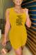 Yellow Fashion Casual Print Letter Square Collar Rompers