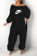 Black Fashion Casual Print Letter Off the Shoulder Jumpsuits
