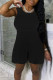Black Fashion Casual Solid Basic O Neck Regular Rompers