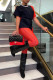 Red Black Fashion Sexy Solid Patchwork O Neck Short Sleeve Two Pieces