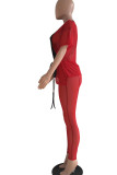 Red Black Fashion Sexy Solid Patchwork O Neck Short Sleeve Two Pieces