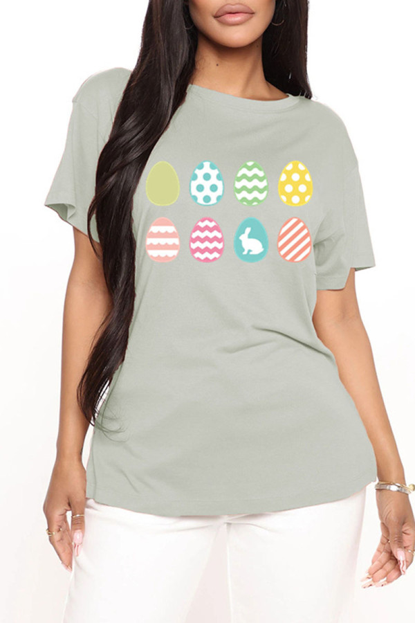 Grey Fashion Casual Print Basic O Neck T-Shirts