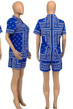 Deep Blue Casual Print Split Joint Buckle Turndown Collar Short Sleeve Two Pieces
