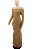 Brown Elegant Solid Split Joint Slit Off the Shoulder Evening Dress Dresses
