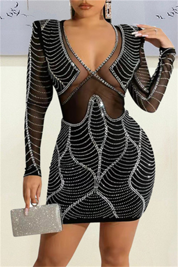 Black Fashion Sexy Patchwork Hot Drilling See-through V Neck Long Sleeve Dresses