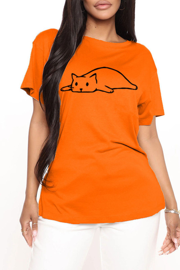 Orange Fashion Casual Print Basic O Neck T-Shirts