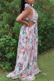 White Sweet Print Bandage Patchwork Backless O Neck Dresses