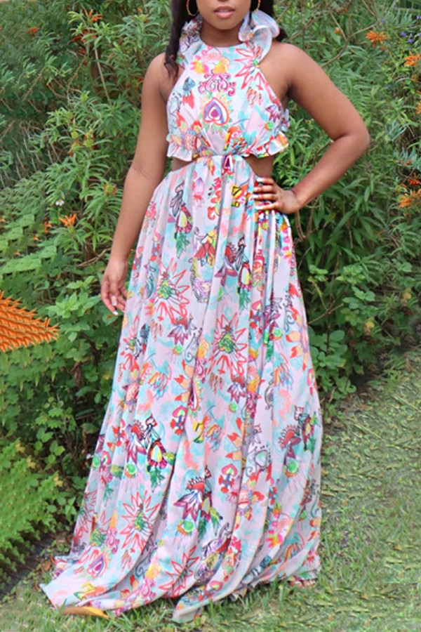 White Sweet Print Bandage Patchwork Backless O Neck Dresses