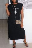Grey Casual Print Patchwork Slit O Neck Straight Dresses