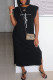 Black Casual Print Patchwork Slit O Neck Straight Dresses