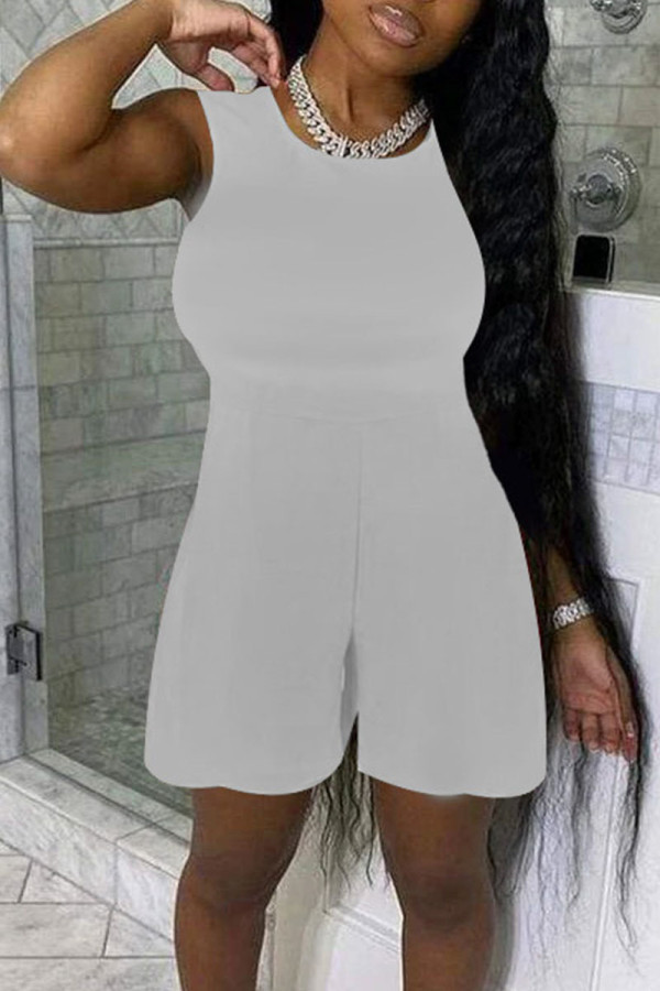 White Fashion Casual Solid Basic O Neck Regular Rompers