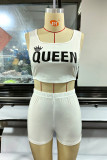 White Fashion Casual Letter Print Basic U Neck Sleeveless Two Pieces