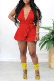 Red Sexy Solid Patchwork Flounce V Neck Regular Rompers
