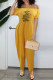 Yellow Fashion Casual Print Letter Off the Shoulder Jumpsuits