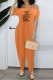 Orange Fashion Casual Print Letter Off the Shoulder Jumpsuits