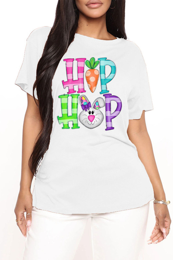 White Fashion Casual Print Basic O Neck T-Shirts