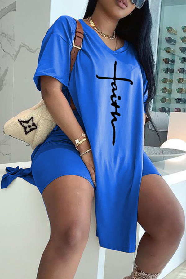 Blue Fashion Casual Print Slit V Neck Short Sleeve Two Pieces