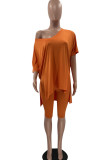 Tangerine Casual Solid Split Joint V Neck Short Sleeve Two Pieces