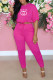 Rose Red Fashion Casual Print Letter O Neck Half Sleeve Two Pieces