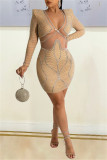 Red Fashion Sexy Patchwork Hot Drilling See-through V Neck Long Sleeve Dresses