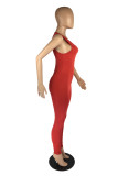 Red Fashion Casual Solid Basic O Neck Skinny Jumpsuits