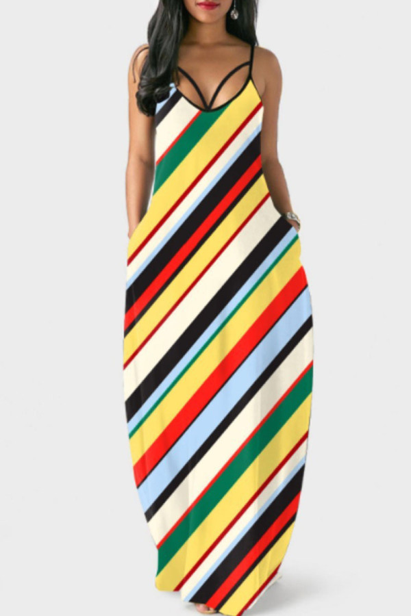 Colour Fashion Sexy Print Backless Spaghetti Strap Long Dress Dresses