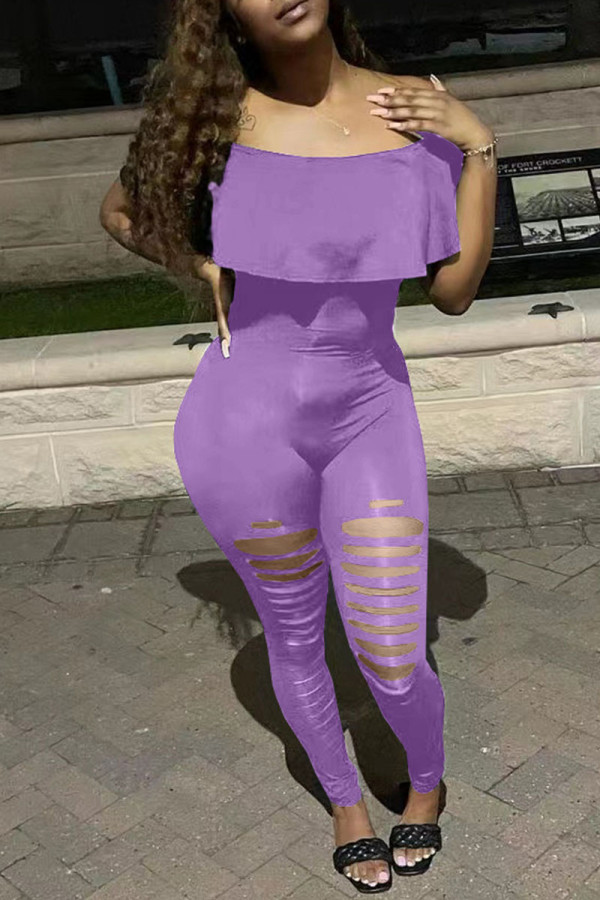 Purple Sexy Solid Ripped Patchwork Flounce Off the Shoulder Regular Jumpsuits