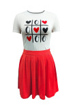 White Fashion Casual Print Basic O Neck Short Sleeve Two Pieces