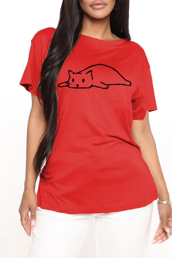 Red Fashion Casual Print Basic O Neck T-Shirts