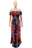Red Fashion Sexy Print Backless Off the Shoulder Long Dress