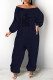 Navy Blue Fashion Casual Print Letter Off the Shoulder Jumpsuits