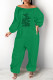 Green Fashion Casual Print Letter Off the Shoulder Jumpsuits