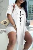 Red Fashion Casual Print Slit V Neck Short Sleeve Two Pieces