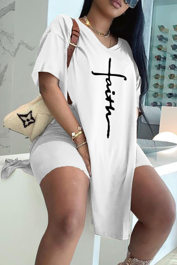 White Fashion Casual Print Slit V Neck Short Sleeve Two Pieces