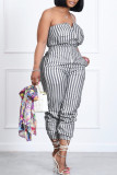 Black Casual Striped Print Patchwork Zipper Strapless Regular Jumpsuits