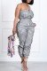 Black Casual Striped Print Patchwork Zipper Strapless Regular Jumpsuits