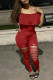 Red Sexy Solid Ripped Patchwork Flounce Off the Shoulder Regular Jumpsuits