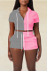 Gray Pink Fashion Solid Draw String Hooded Collar Short Sleeve Two Pieces