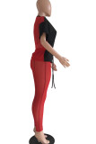 Red Black Fashion Sexy Solid Patchwork O Neck Short Sleeve Two Pieces