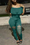Red Sexy Solid Ripped Patchwork Flounce Off the Shoulder Regular Jumpsuits