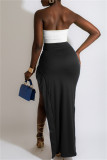 Black White Fashion Sexy Solid Backless Slit Strapless Sleeveless Two Pieces