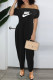 Black Fashion Casual Print Letter Off the Shoulder Jumpsuits