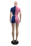 Powder Blue Fashion Solid Draw String Hooded Collar Short Sleeve Two Pieces