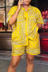 Yellow Casual Print Split Joint Buckle Turndown Collar Short Sleeve Two Pieces