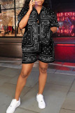 Black Casual Print Split Joint Buckle Turndown Collar Short Sleeve Two Pieces