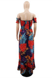Red Fashion Sexy Print Backless Off the Shoulder Long Dress